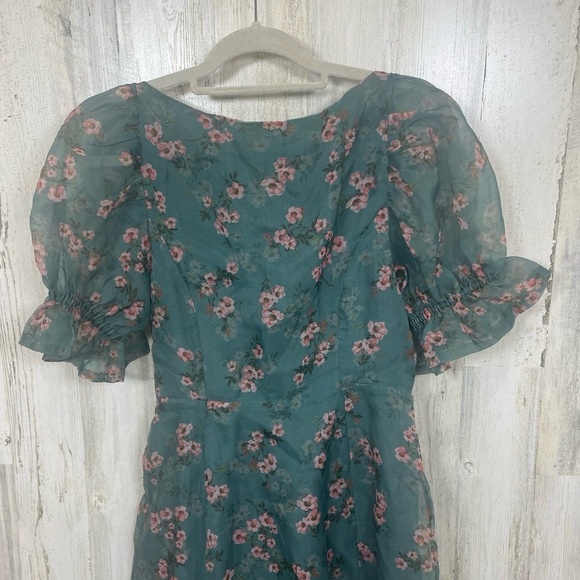 RAHI Anthropologie Teal Floral Mini Dress Size M Sheer Puff Sleeve Button Front - Picture 8 of 8